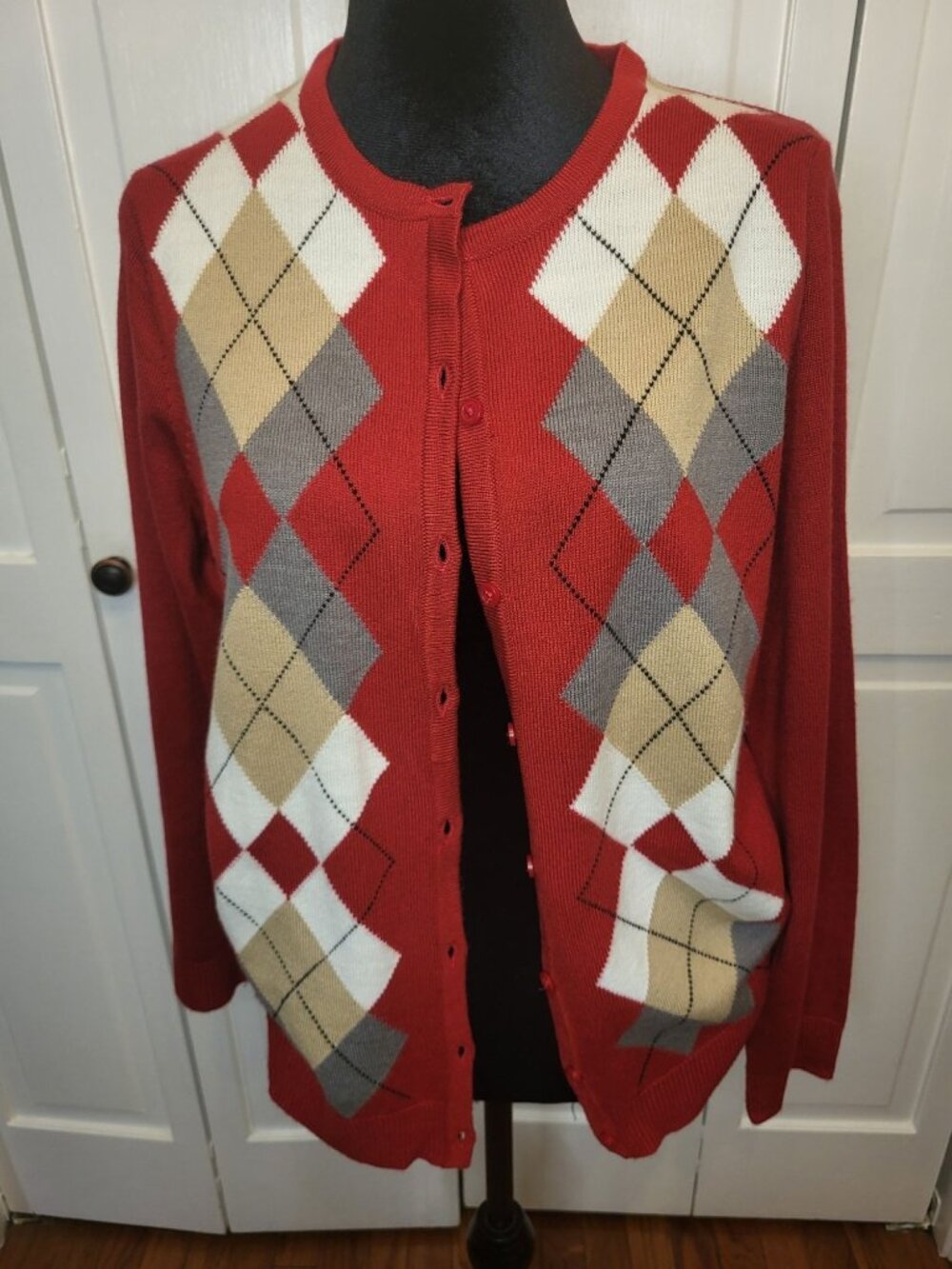 Croft & Barrow Red Argyle Print Cardigan M Preppy Academia Old Money Career Twee